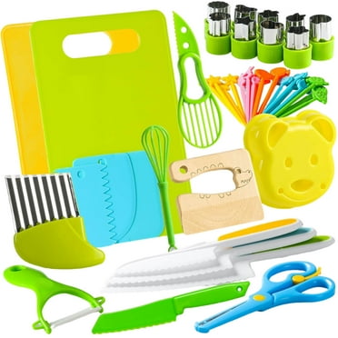 JingChun 46Pcs Toddler Knife Set - Kids Knifes for Real Cooking, Montessori Kids Kitchen Knife Set with Cutting Board Crinkle Cutters Kid Safe Knives, Toddlers Kitchen Tools for Kids