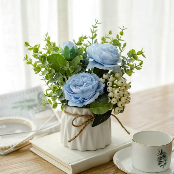 JingChun Artificial Rose Bouquet with Small Plastic Vase Fake Silk Variety Hydrangea Flowers Decoration for Table Home Party office Wedding