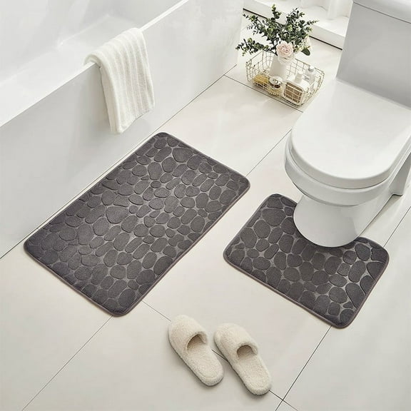 JingChun Bathroom Rugs Sets 2 Piece, Cobblestone Memory Foam Bathroom Mats Set Extra Thick, Non Slip Bath Mats for Bathroom, Washable Light Grey Bath Rugs for Tub, Toilet and Floor