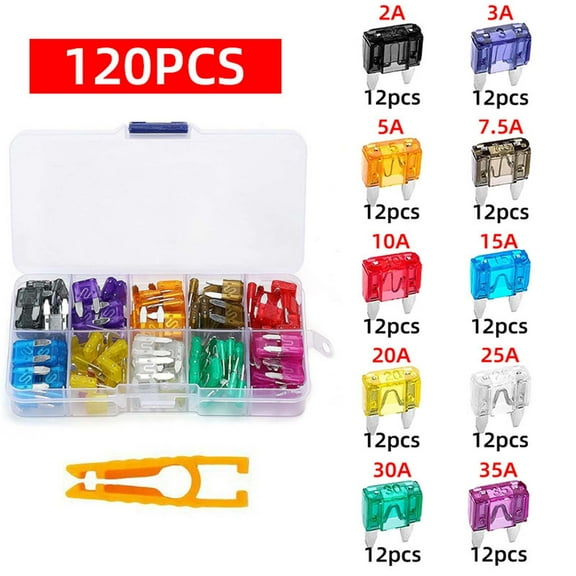 JingChun Car Fuse Set 120 pcs Assorted Low Profile Blade Fuse Used for Auto, Car, Truck, SUV, Home (2/3/5/7.5/10/15/20/25/30/35 AMP Replacement Fuse)