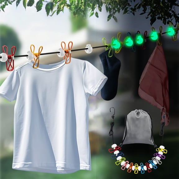 JingChun Luminous Outdoor Retractable Punch Drying Rope Travel Portable Rope Windproof Color Clothesline Clip Non Slip Buckle Clothesline