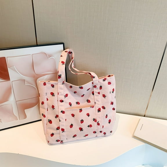 JingChun Clearance Under $2.00 Corduroy Printed Storage Bag Large Capacity Shoulder Strawberry Canvas Bag