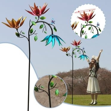 JingChun Clearance Under $2.00 Large Metal Wind Spinner with Three Spinning Flowers Butterflies Windmill Decor Outdoor Yard Garden Art Decoration