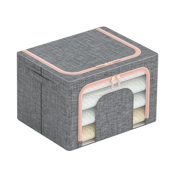 JingChun Clothes Storage Bins Box - Linen Fabric Foldable Stackable Container Organizer with Clear Window & Carry Handles & Metal Frame -Large Capacity for Bedding, Blankets, Books