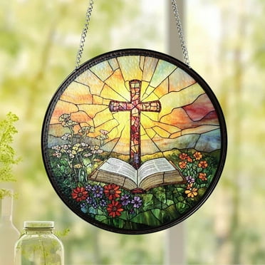 JingChun Easter Cross Acrylic Window Hanging, 1Pc Round Cross Stained Glass Wall Decor, Cross Stained Glass Window Hanging for Home Kitchen office Garden Decor