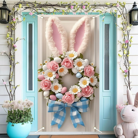 JingChun Happy Easter Door Cover Easter Bunny Door Banner Decorations Easter Door Cover Easter Egg Door Cover Hanging Banner for Front Door Spring Easter Hanging Decorations