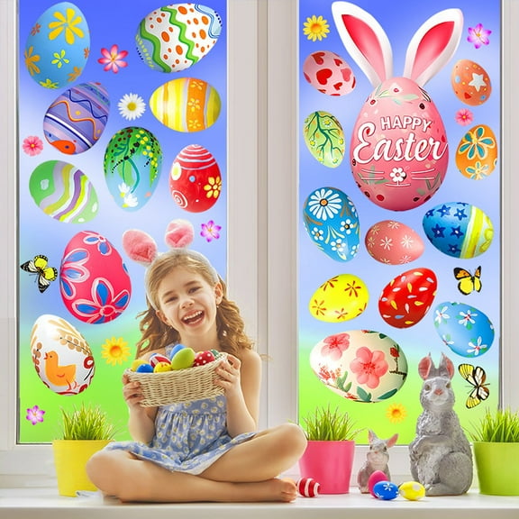 JingChun Happy Easter Window Clings, Easter Egg Bunny Window Clings for Window Decor, Double-Sided Easter Decorations with Carrots, Butterflies for School Home office Party Supplies