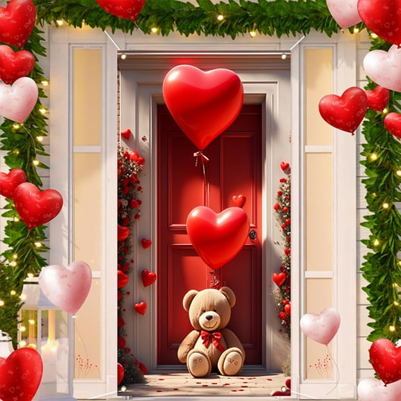 JingChun Happy Valentine's Day Door Cover Large Accessories Hanging Holiday Door Streamers Romantic Valentines Decorations Heart Flower Bear Backdrop Banner for Indoor Outdoor Party