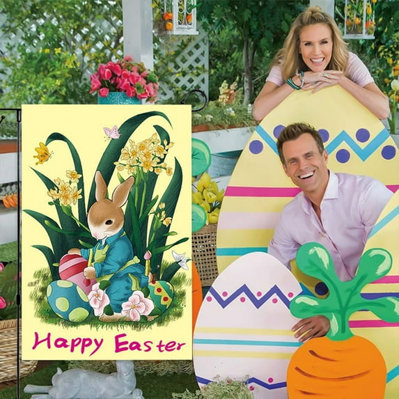JingChun Home Decorative Happy Easter Bunny Garden Flag, Colorful Easter Eggs Yard Outside Decorations, Spring Outdoor Small Decor Double Sided 11 x 17 inch