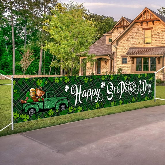 JingChun Large Happy St. Patrick's Day Banner 118" x 19" St Patricks Day Decorations Shamrock Sign Irish Party Hanging Supplies Decor Holiday for Home,Outdoor,Indoor,Yard,Garden