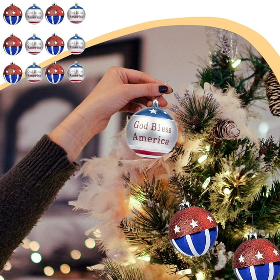 JingChun Large Patriotic Ball Ornaments 12pcs American Flag Decorations for Veterans Day Christmas Decor Bonus 6pcs United States Flag