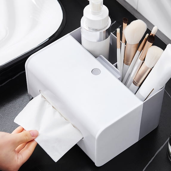 JingChun Multifunctional Tissue Box Organizer Caddy - Tissue Dispenser with Holder for Tablet, Cell Phone & Keys - Modern Napkin Storage Organizer for Bathroom, Kitchen, or Bedroom