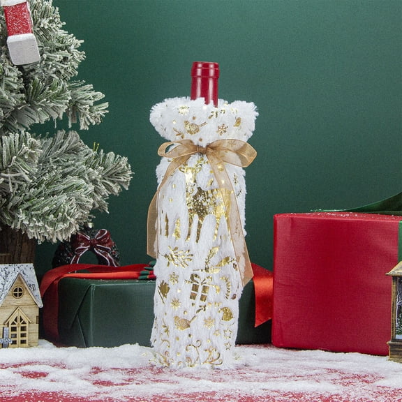 JingChun Muslin Polyester Wine Bottle Gift Bags Drawstring (Golden Print, 3" x 11") - for Storage, Christmas Decorations Holiday Parties