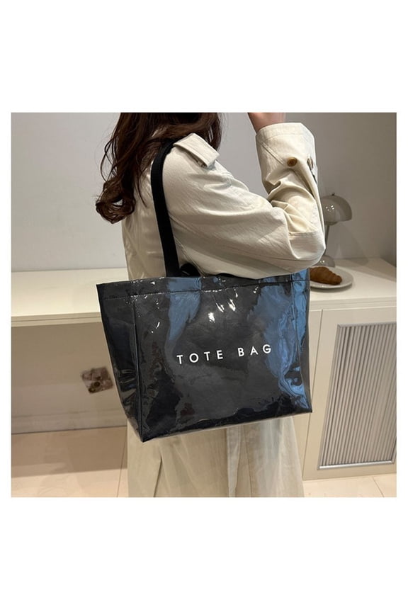 PVC Tote Bag Women's Letters Print Large Kraft Paper Carry All Bag Top Handle Clear Hobo Handbag