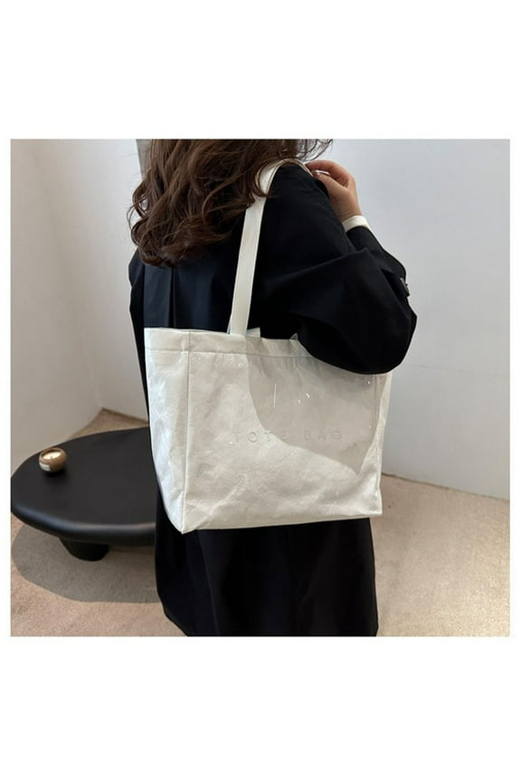 PVC Tote Bag Women's Letters Print Large Kraft Paper Carry All Bag Top Handle Clear Hobo Handbag