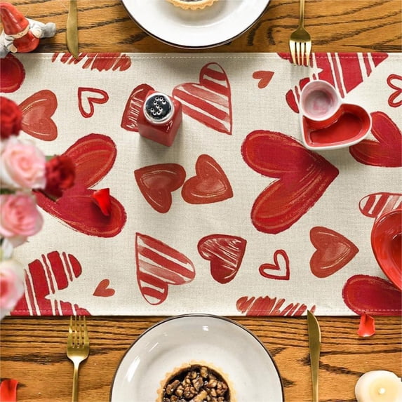 JingChun Red Buffalo Plaid Love Heart Valentine's Day Table Runner, Anniversary Kitchen Dining Table Decoration for Home Party Decor