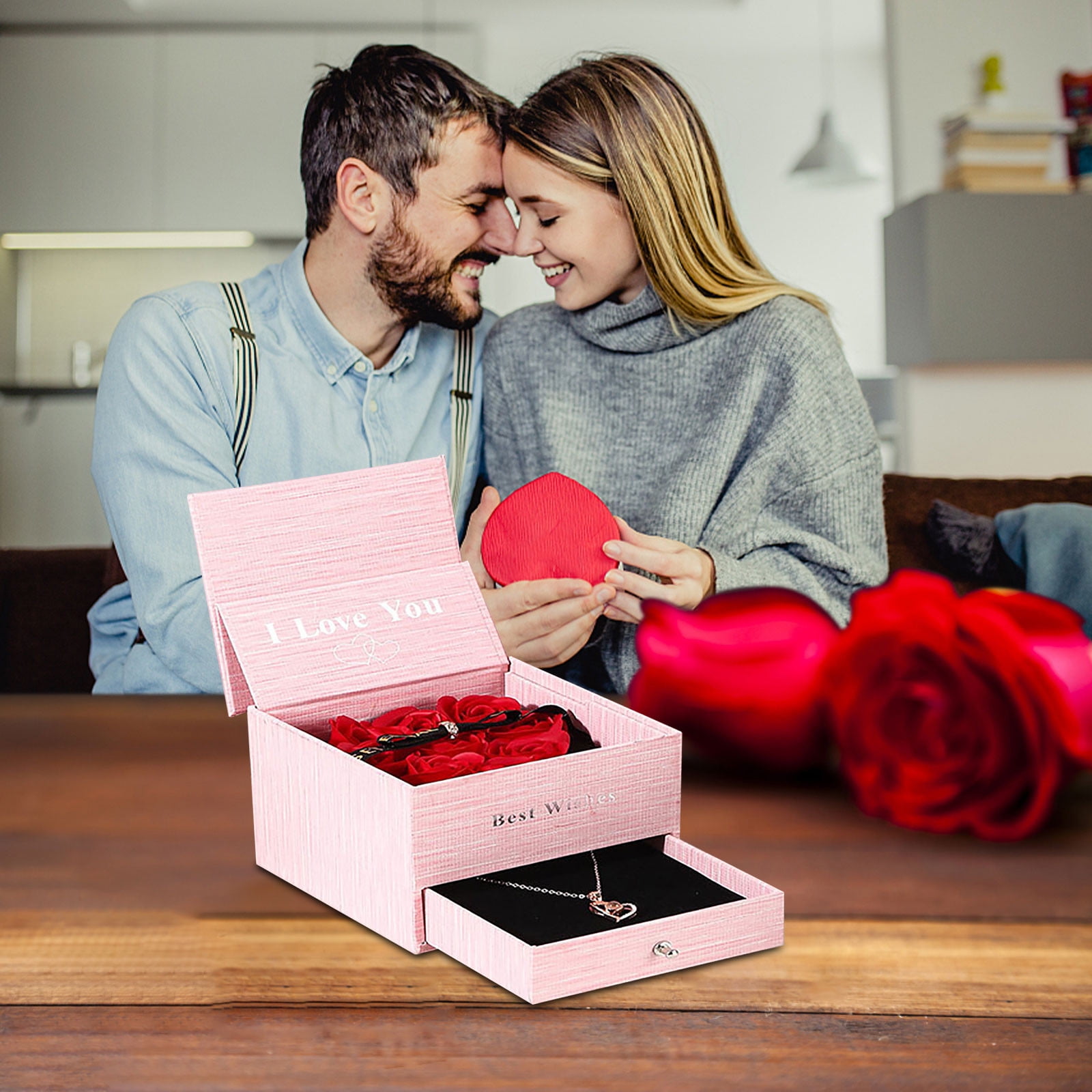 Eternal Love Gift Set - 'I Love You In 100 Languages' Necklace & 9 Red Roses, Valentine's, Anniversary, Birthday Gift