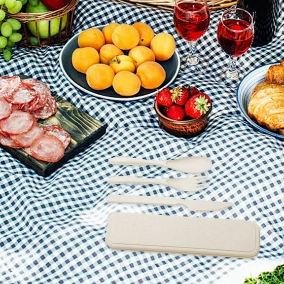 JingChun Reusable Utensil Set with Case, Portable Camping fork Knife Spoon Set, Wheat Straw Travel Utensils for Lunch Box, for School Work Lunch or Daily Use