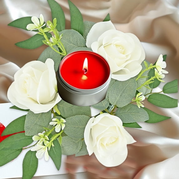 JingChun Small Candle Rings Wreaths - 1 Pc 10 inch Roses Artificial Flowers Wedding Centerpieces for Tables Spring Summer Wreath for Front Door Valentine's Day Weddings Party Decor