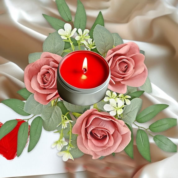 JingChun Small Candle Rings Wreaths - 1 Pc 10 inch Roses Artificial Flowers Wedding Centerpieces for Tables Spring Summer Wreath for Front Door Valentine's Day Weddings Party Decor