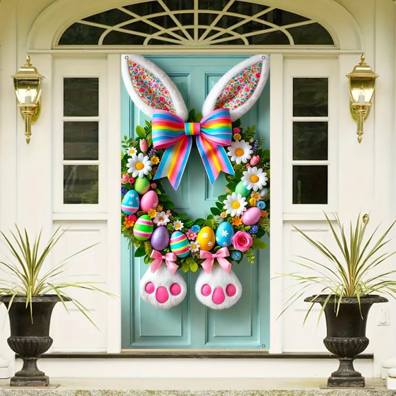 JingChun Spring Easter Eggs Welcome Door Cover Decoration Easter Eggs Welcome Door Banner Background Easter Spring Porch Door Decorations Easter Front Door Cover for Party Supplies