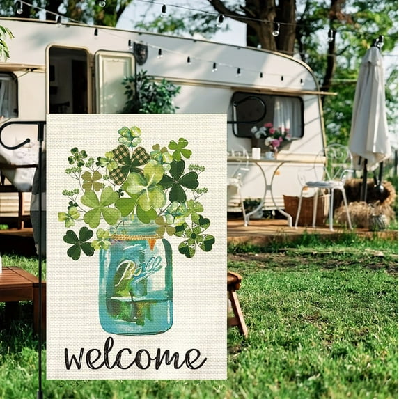 JingChun St Patricks Day Shamrock Garden Flag Double Sided, Welcome Lucky Happy Saint Patty's Day Small Rustic Farmhouse Burlap Irish Clover Yard Flag Outdoor Lawn Seasonal Holiday