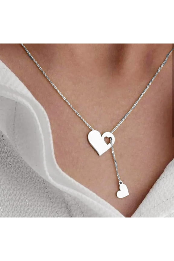 Two Heart Y Necklace Stainless steel Lariat Necklace Valentine's Day Gift for Her, 18"