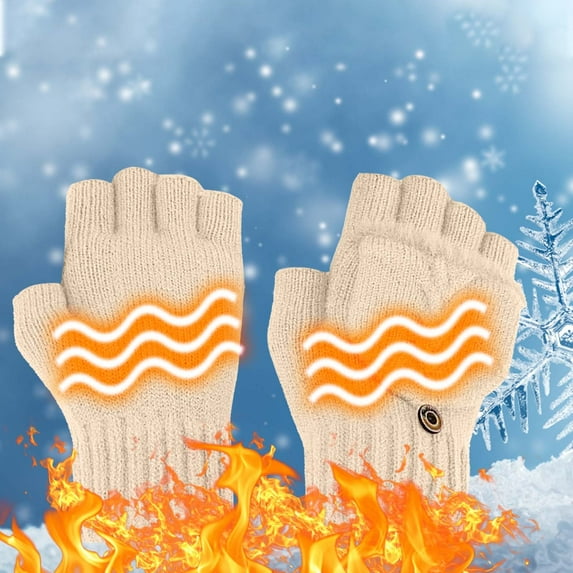 JingChun Women's & Men's USB Heated Gloves Knitting Hands Full & Half Heated Fingerless Heating Warmer with Button Washable Design Winter Christmas Gifts