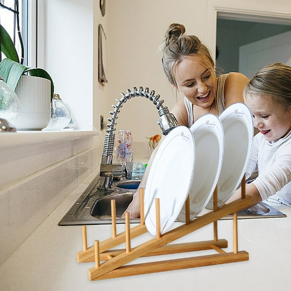 JingChun Wooden Dish Drying Rack, Plate Rack Stand Pot Lid Holder, Dish Organizer Rack for Plates, Cups, Bowls, Dish, Drying Rack Stand Drainer, Kitchen Cabinet Organizer