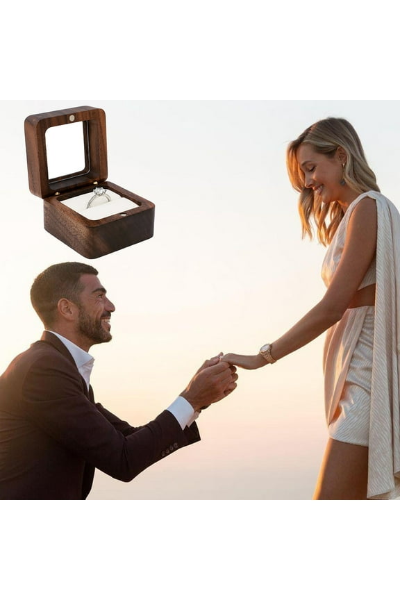 Wooden Ring Box with Transparent Cover, Elegant Retro Design, Perfect for Proposal and Wedding Ceremony, Includes Sponge Slot for Engagement Ring Display (square)