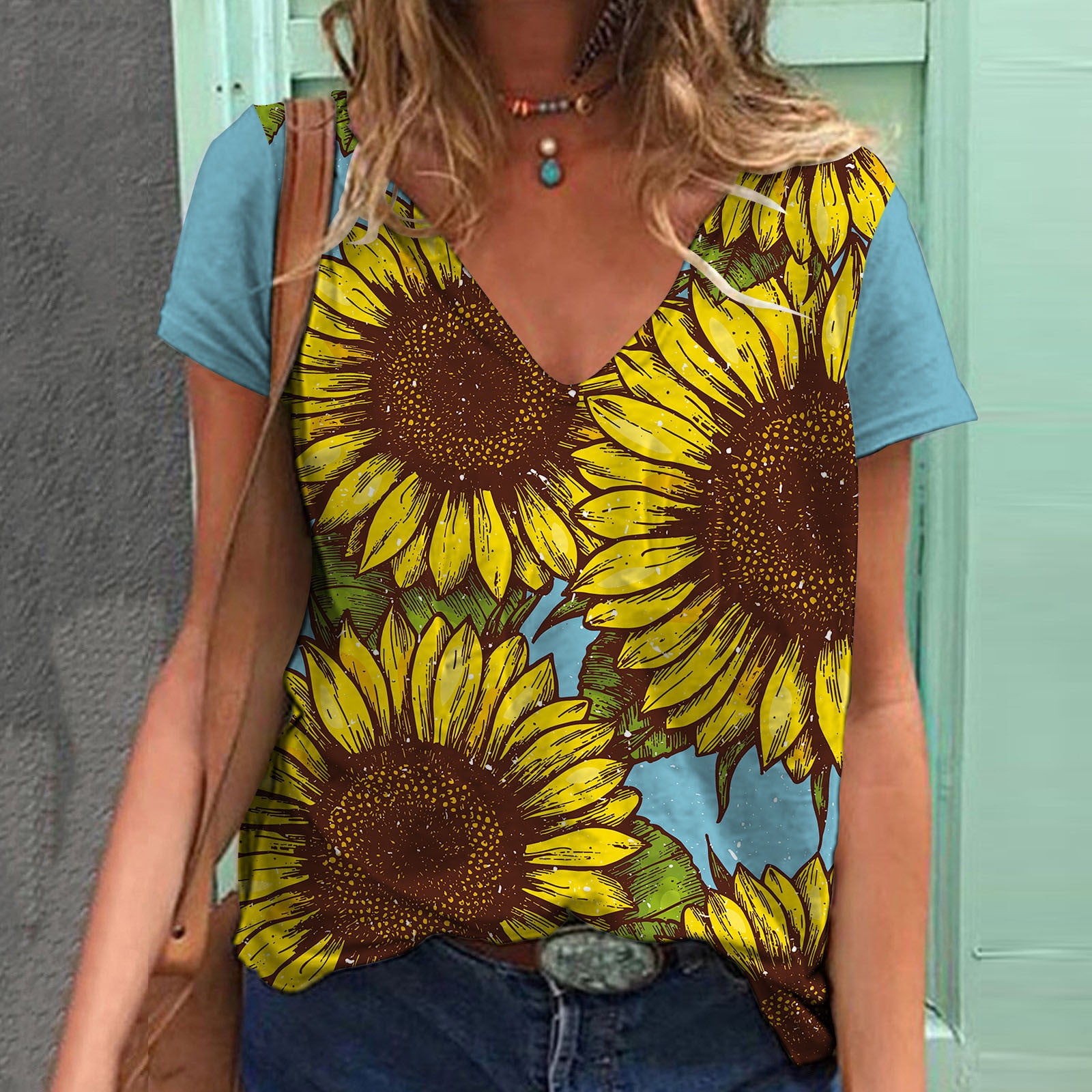 JingHai 2024 Womens Plus Size Tops on Hot Sales Sunflower Print T