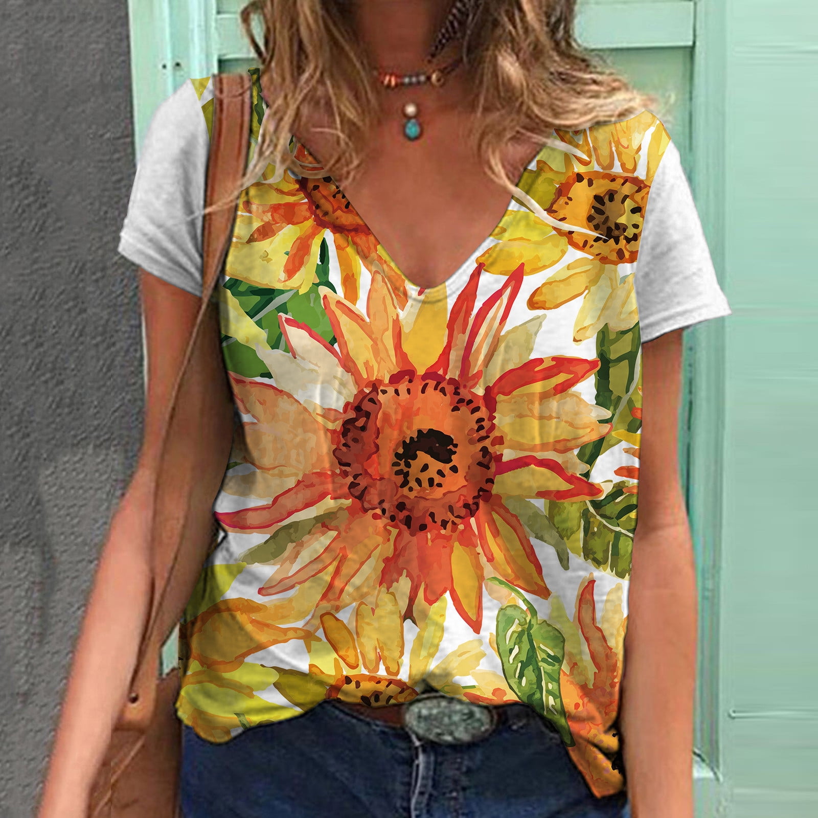 JingHai 2024 Womens Plus Size Tops on Hot Sales Sunflower Print T