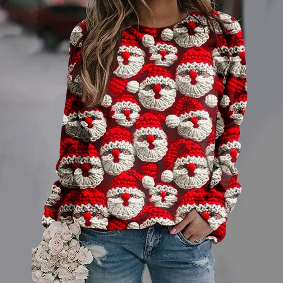 JingHai 2024 Womens Ugly Christmas Sweaters Funny Cute Xmas Tree Reindeer Snowman Tops Long Sleeve Crewneck Sweatshirts-Red XXL