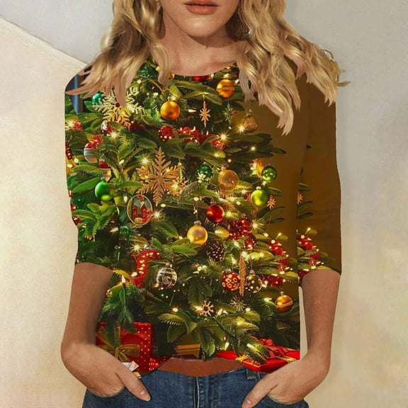 JingHai Christmas Shirts for Women 2024 Cute Xmas Tree Graphic Sweatshirt Funny Gifts 3/4 Sleeve Pullover Tops Holiday Clothes-Green XL