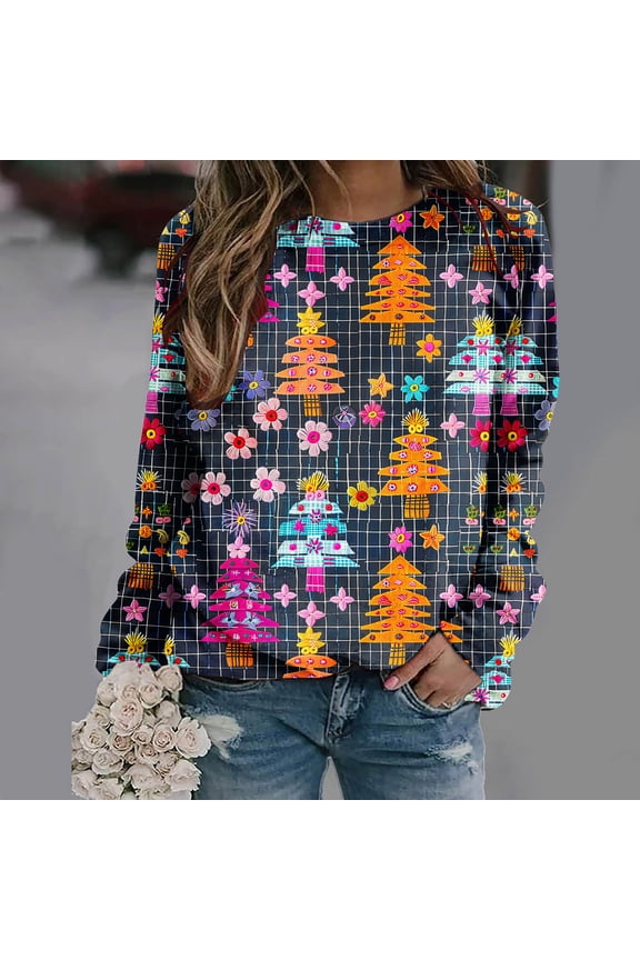 Christmas Shirts for Women 2024 Funny Xmas 3D Graphic Sweatshirts Long Sleeve Pullover Tops Funny Gifts Ladies Clothes-Dark Gray XL