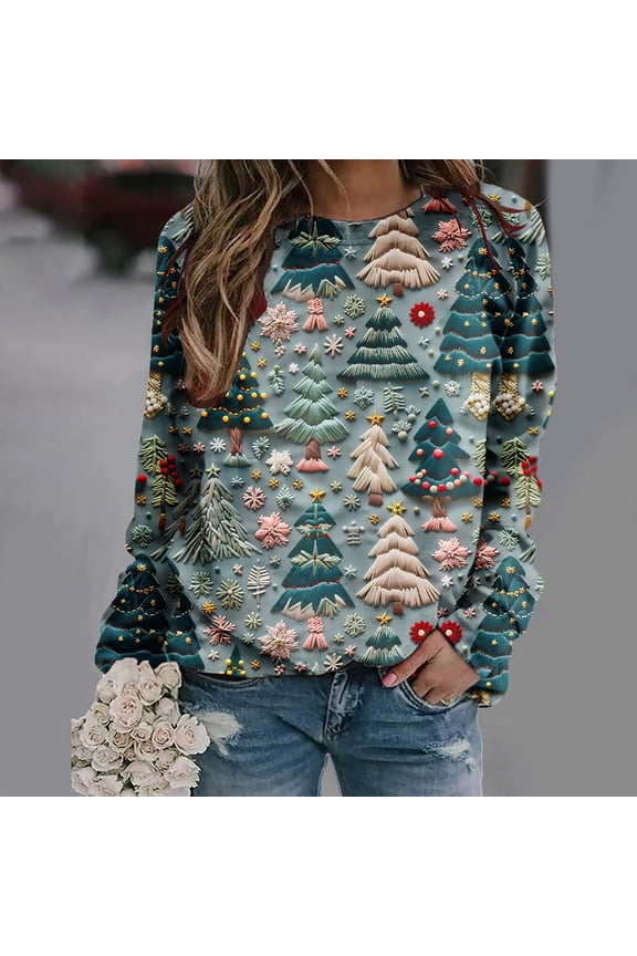 Christmas Shirts for Women 2024 Funny Xmas 3D Graphic Sweatshirts Long Sleeve Pullover Tops Funny Gifts Ladies Clothes-Green XXXXXL