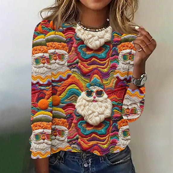 JingHai Christmas Shirts for Women 3/4 Sleeve Crewneck Pullover Cute 3D Snowman Xmas Tree Graphic Ugly Sweater-Multicolor XXXXXL