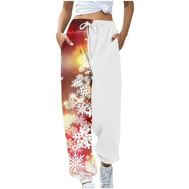 JingHai Christmas Sweatpants for Women Merry Christmas Funny Ptinted High Waisted Drawstring Jogger Fall Clothes Outfits 2024 with Pocket-White S