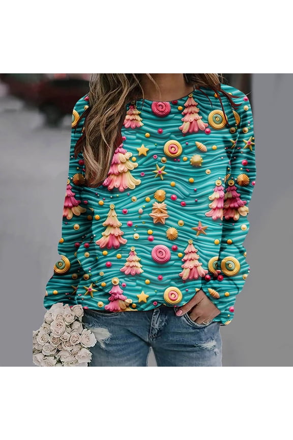 Christmas Sweatshirt for Women 2024 Xmas Tree Print Pullover Round Neck Long Sleeve Tunic Blouse Fashion Holiday Tops-Mint Green XL