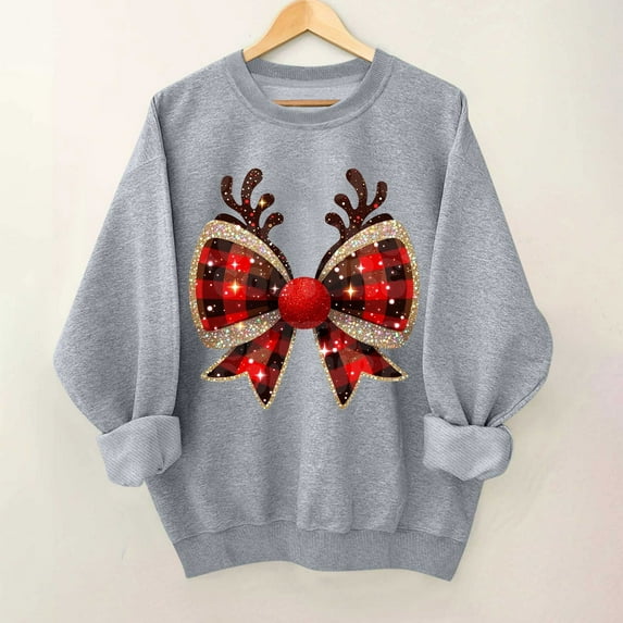 JingHai Christmas Sweatshirt for Women Tis The Season Sweatshirt Christmas Bowknot Shirts Xmas Holiday Cute Long Sleeve Tops-Gray L