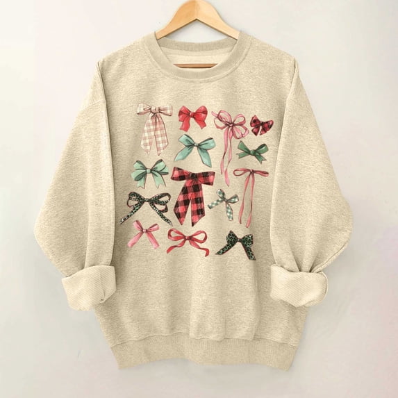JingHai Christmas Sweatshirt for Women Tis The Season Sweatshirt Christmas Bowknot Shirts Xmas Holiday Cute Long Sleeve Tops-Khaki M