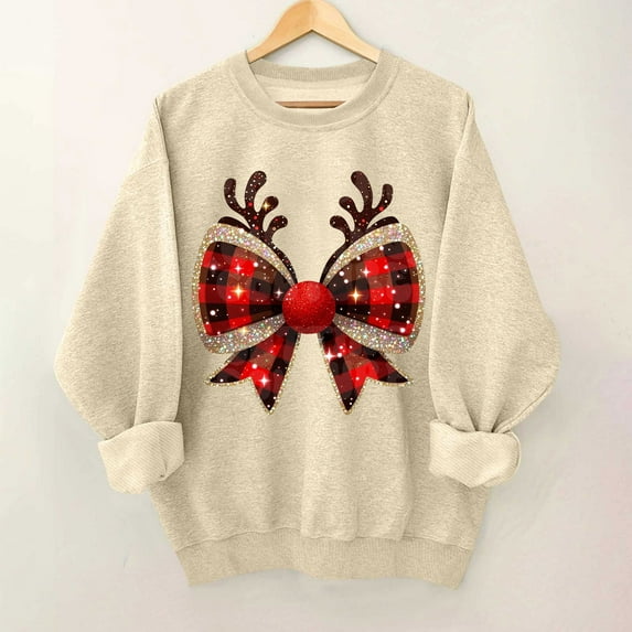 JingHai Christmas Sweatshirt for Women Tis The Season Sweatshirt Christmas Bowknot Shirts Xmas Holiday Cute Long Sleeve Tops-Khaki M
