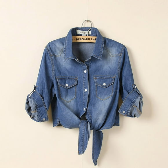 JingHai Denim Tops for Women Trendy Button Down Denim Shirt Tie Front Blouse 3/4 Sleeve Jean Chambray Crop Top Cardigan Blue M