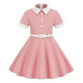 thumbnail image 1 of JingHai Girls Vintage Dresses Audrey 50's Retro Short Sleeve Party Dress Outfit with Belt Peter Pan Collar Dress Pink 150, 1 of 6