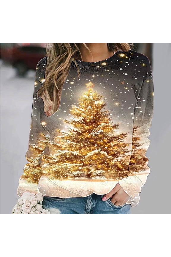 Glitter Xmas Tree Graphic Tunic Tops for Women Christmas Long Sleeve Tee Shirts Casual Dressy Holiday Blouses for Leggings-Yellow S
