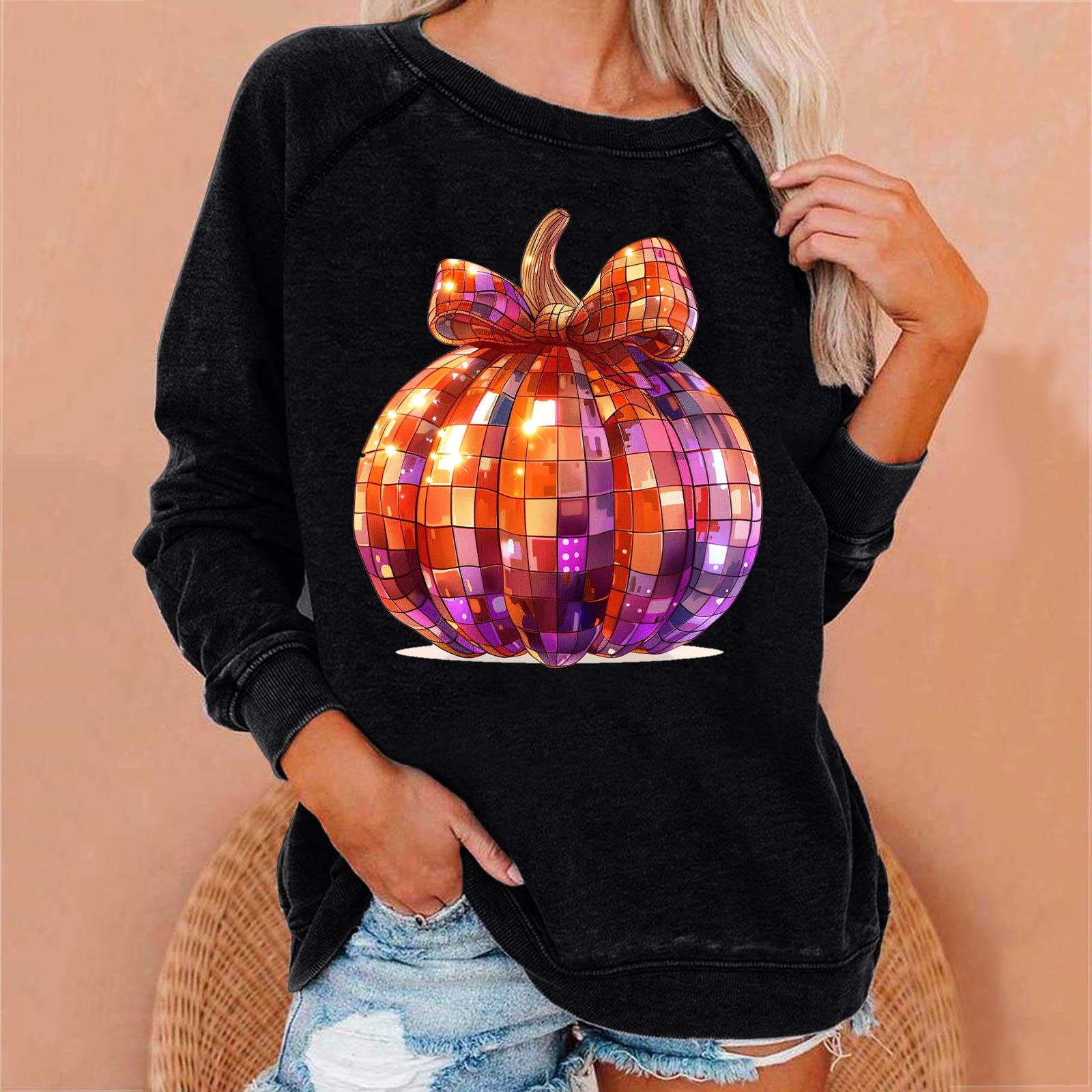 JingHai Women's Cute Halloween Sweatshirts Sequin Spooky
