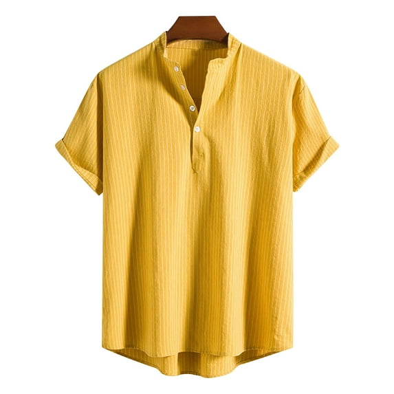 JingHai Henley Shirts for Mens Clearance 3/4 Sleeve Casual Cotton Linen T-Shirt Regular-Fit Lightweight Beach Athletic Yoga Tops Mens Polo Shirts Saving Yellow XXL