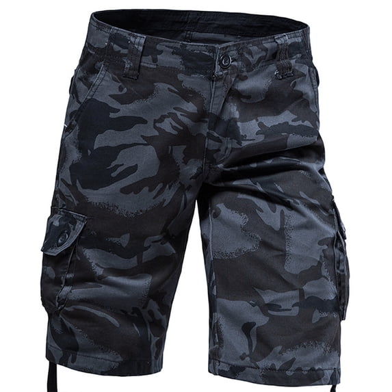 JingHai Men's Cargo Shorts Elastic Waist Relaxed Fit Cotton Casual Outdoor Lightweight Work Shorts Multi-Pockets Hiking Shorts Outdoor Relaxed-Fit Camouflage Linen Shorts for Men Black XL