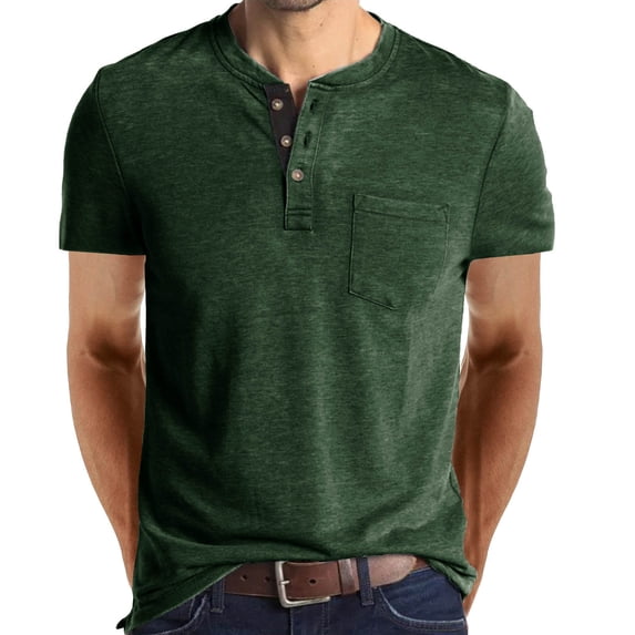 JingHai Men's Henley Shirts Clearance Fashion Classic Short Sleeve Basic Button Cotton T-Shirt Sports Polo Shirts with Pocket Green L