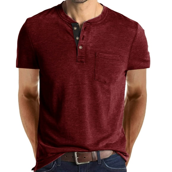 JingHai Men's Henley Shirts Clearance Fashion Classic Short Sleeve Basic Button Cotton T-Shirt Sports Polo Shirts with Pocket Wine L